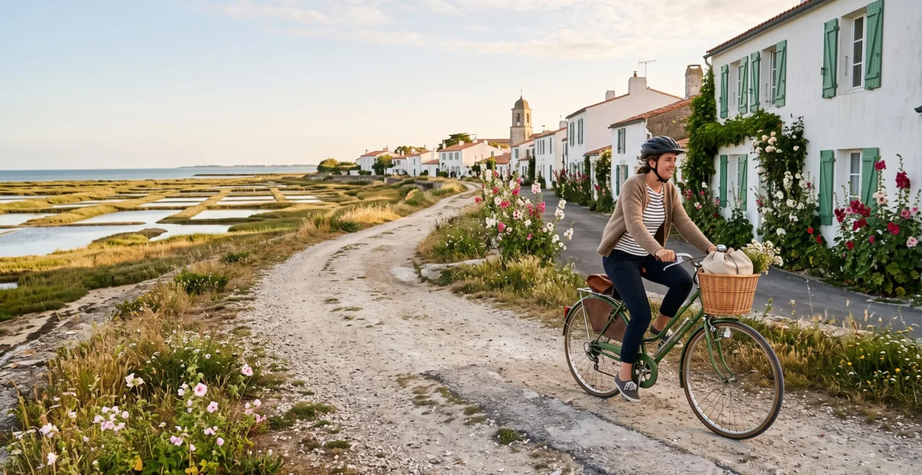 A cyclist rides a bicycle on a coastal path past whitewashed houses on Île de Ré.