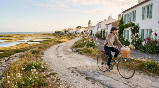 A cyclist rides a bicycle on a coastal path past whitewashed houses on Île de Ré.