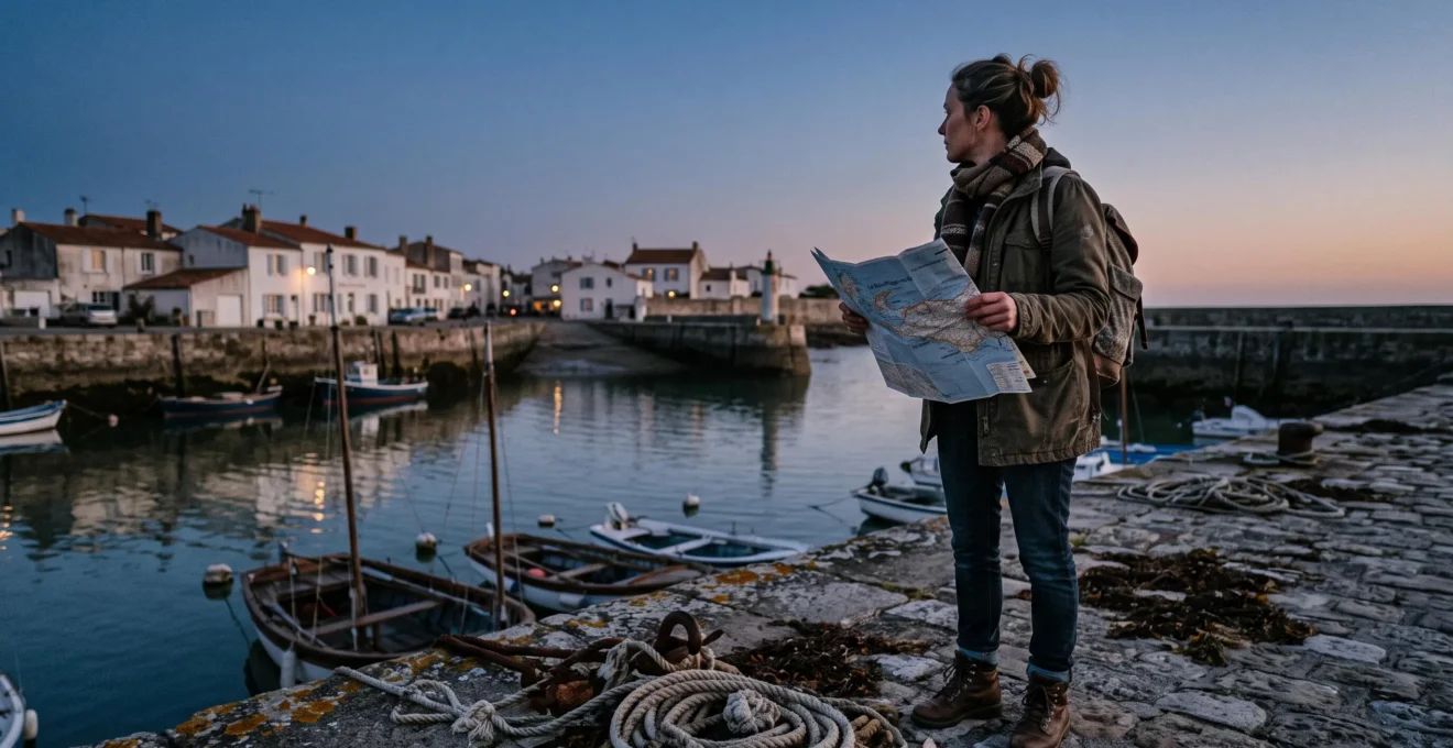 A traveler holding a folded map stands on a stone jetty looking toward a harbor village.