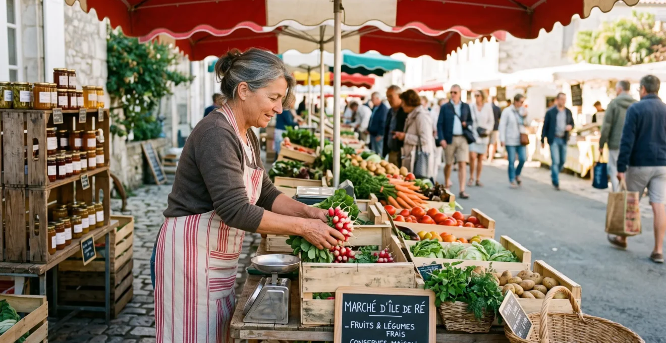 A market vendor arranges fresh local produce on a wooden stall in a morning market.